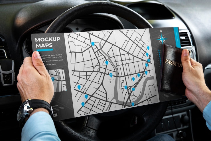 PSD travel guide map held by person on vacation