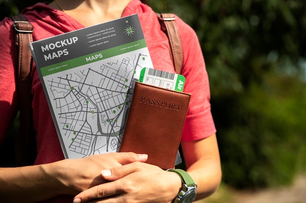 PSD travel guide map held by person on vacation