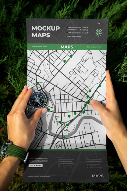 PSD travel guide map held by person on vacation