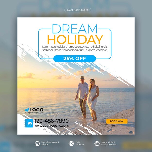 Travel holiday vacation instagram post or social media post template premium psd