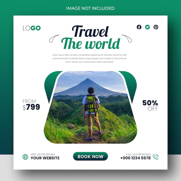 Travel holiday vacation social media post banner or square flyer design template
