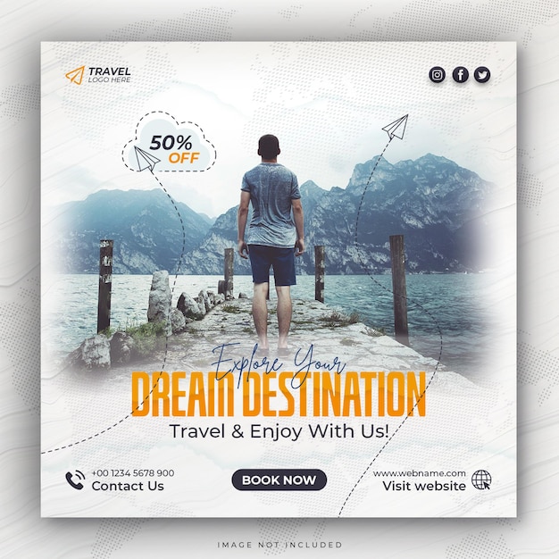 Travel holiday vacation tour social media instagram post or tourism square web banner template