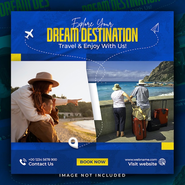PSD travel holiday vacation tour social media post or tourism square web banner template
