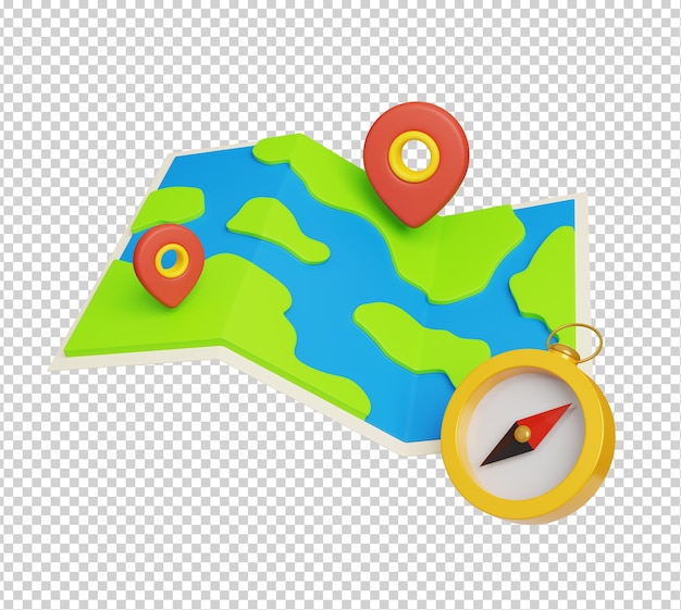 PSD travel icon 3d render illustration of map with pin pointers and compass isolated