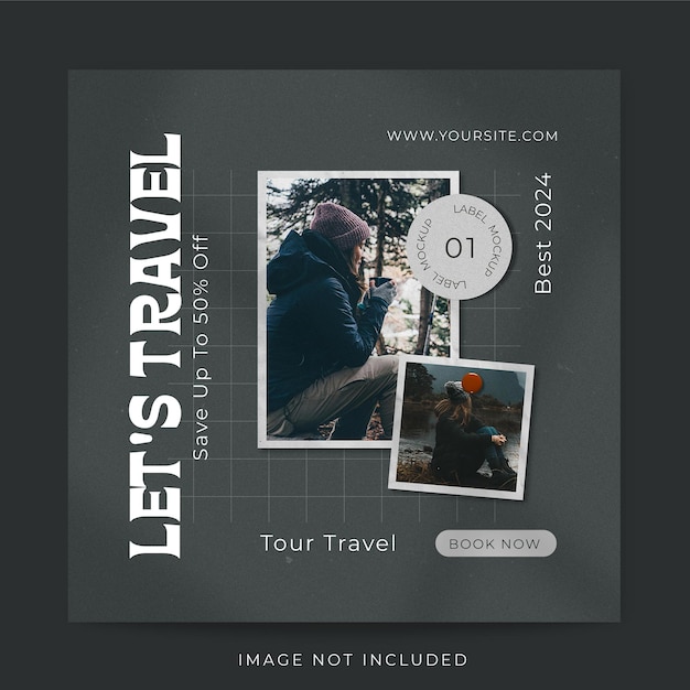Travel instagram post template with photo frame mockup