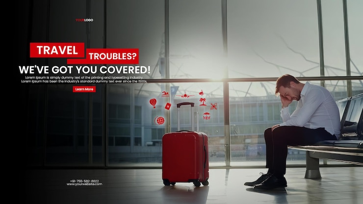 PSD travel interruptions vacation problems banner template with businessman on airport bench with head down wearing black shoes and white shirt