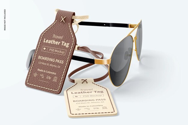 Travel leather tag mockup, with glasses