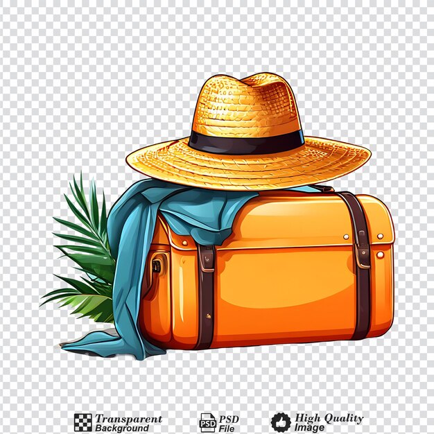 PSD travel luggage bag and a straw hat isolated on transparent background