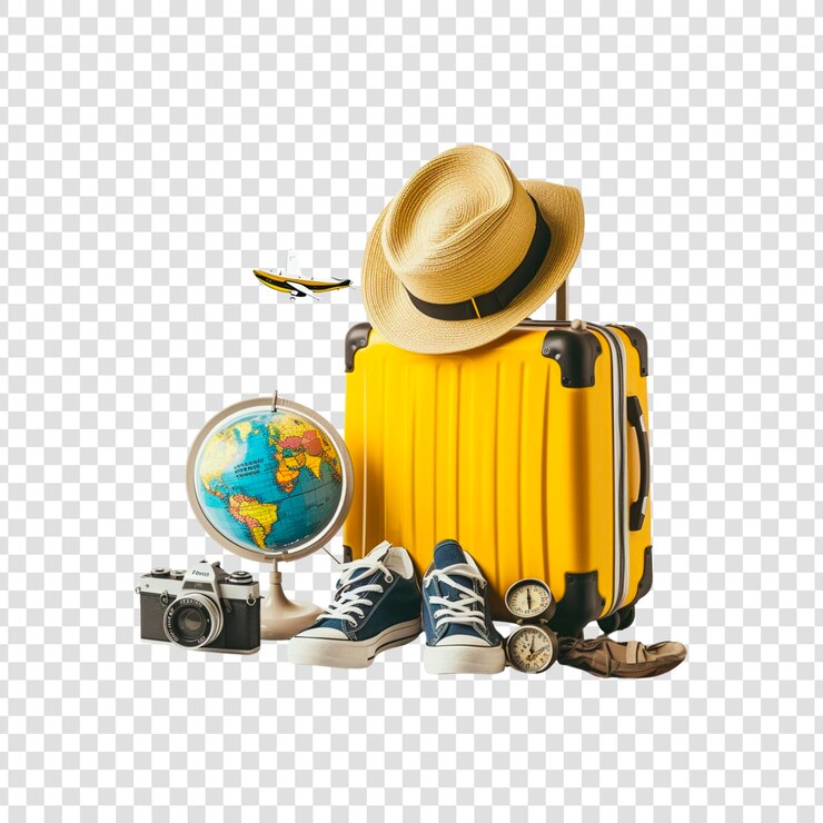 PSD travel luggage baghat mapcamera shoesairplaneglobe on a transparent background