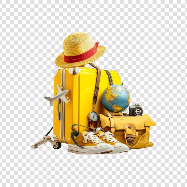 PSD travel luggage baghat mapcamera shoesairplaneglobe on a transparent background