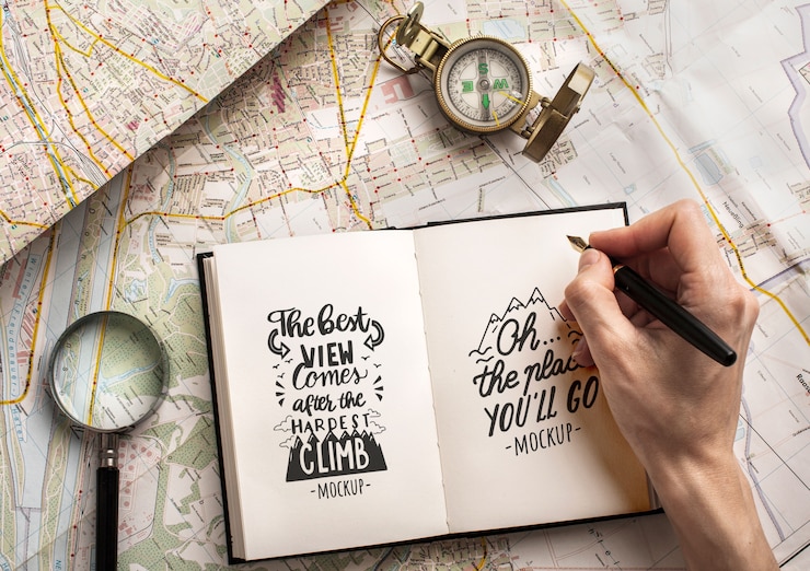 PSD travel map with hand writing in notebook mock-up