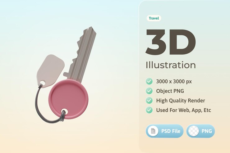 PSD 旅行物件鍵 3d 插圖