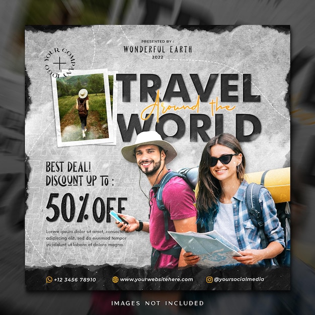 PSD mockup di modello di post sui social media per la promozione di viaggi