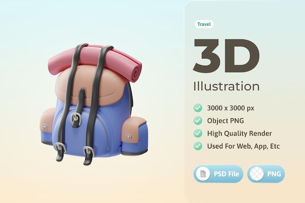 Travel set backpack 3d illustration