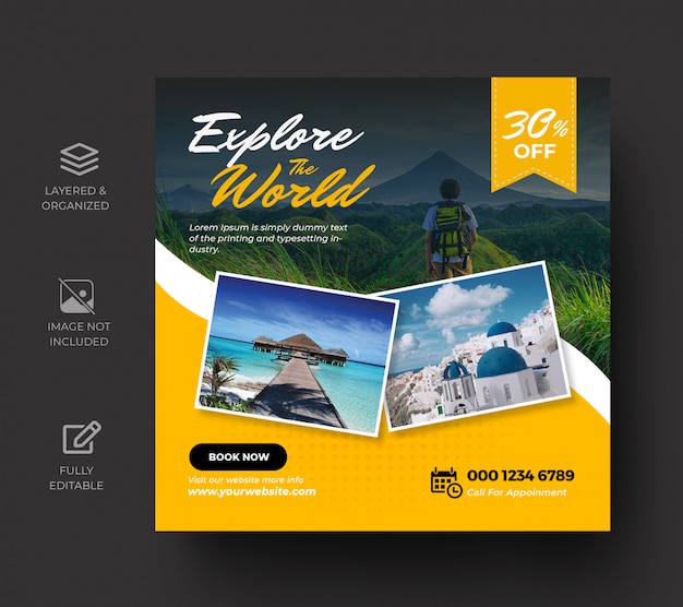 PSD travel social media post banner template or tour holiday vacation