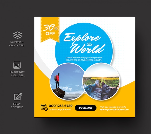 PSD travel social media post banner template or tour holiday vacation