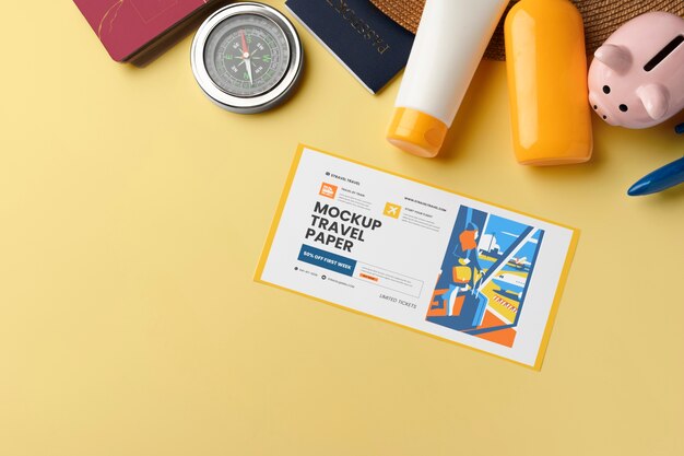 PSD travel ticket mockup flat lay