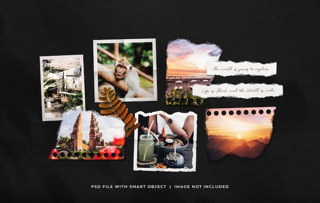 Mockup di moodboard per cornici per foto strappate da viaggio