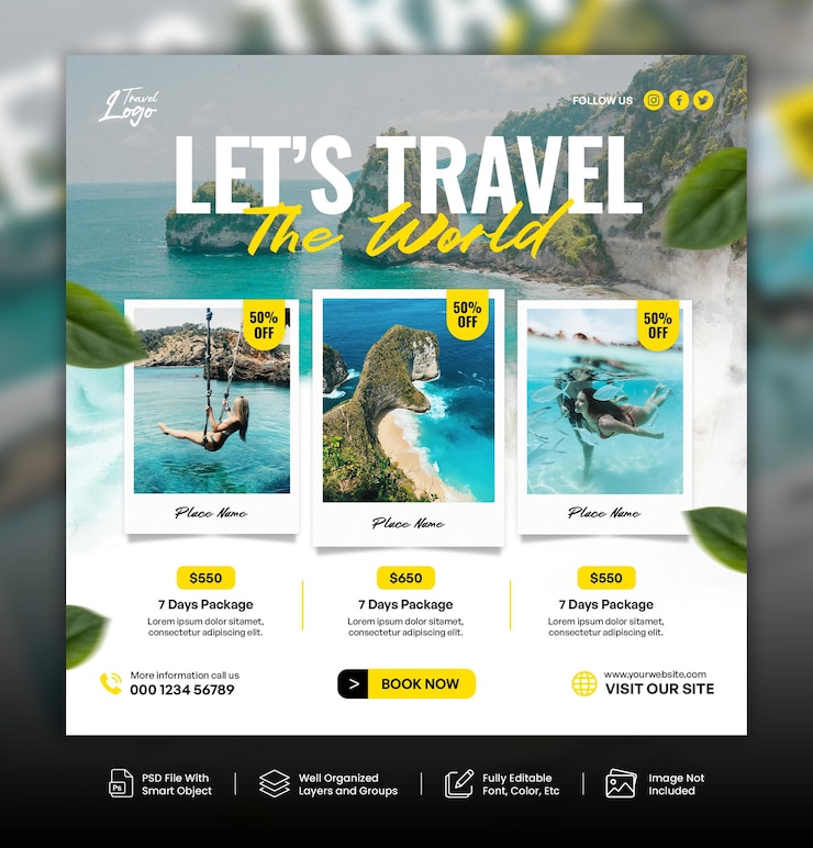 PSD travel and tour social media and instagram banner posts template