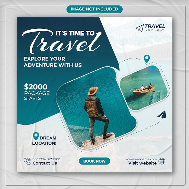Travel tour social media post or holiday vacation square flyer web banner design template