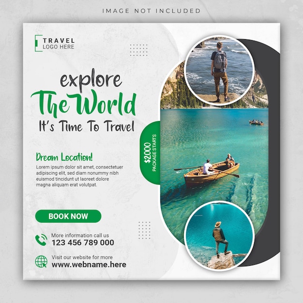 Travel tour social media post or holiday vacation square flyer web banner design template