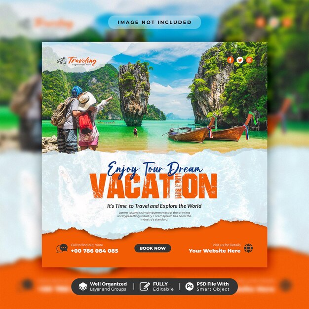 Post di instagram di viaggi e turismo o modello di banner web quadrato di social media creativo