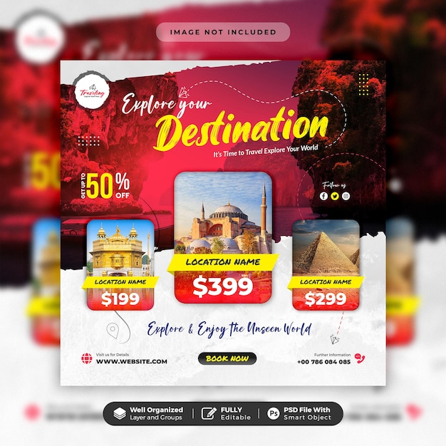 PSD travel and tourism instagram post or creative social media square web banner template