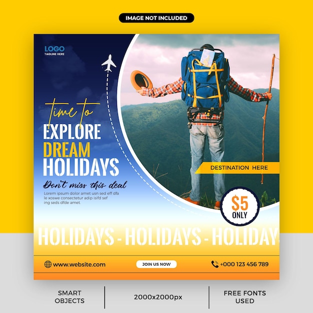 Travel and tourism instagram post or holiday vacations social media post template