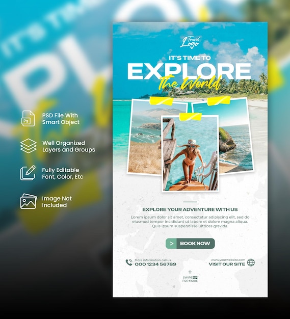 PSD modello di storia di post su instagram per i social media di viaggio e turismo