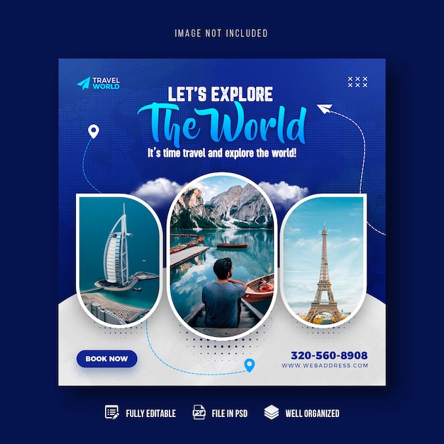 Travel and tourism social media post banner template or tour holiday vacation Instagram post design