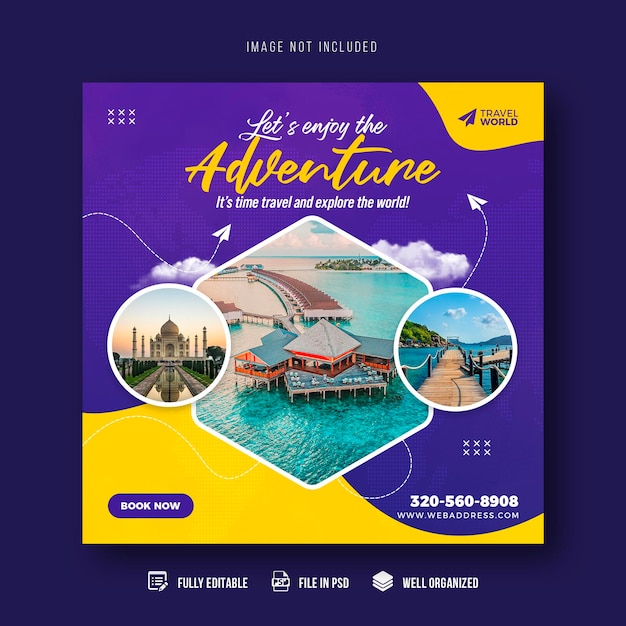 Travel and tourism social media post banner template or tour holiday vacation Instagram post design