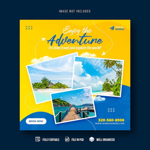 Travel and tourism social media post banner template or tour holiday vacation Instagram post design