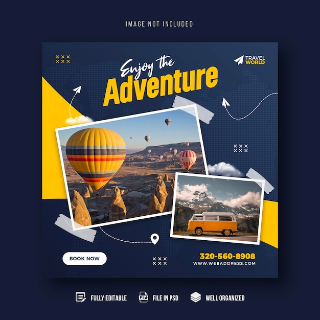 Travel and tourism social media post banner template or tour holiday vacation instagram post design