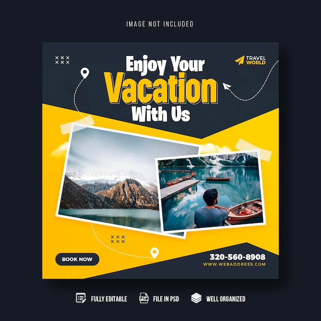 Travel and tourism social media post banner template or tour holiday vacation instagram post design