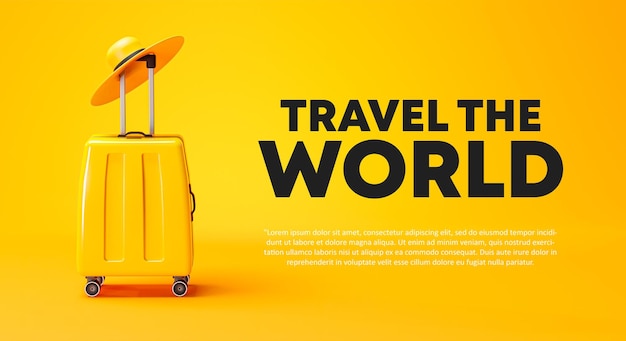 PSD travel the world campaign poster banner design yellow luggage and hat 3d rendering