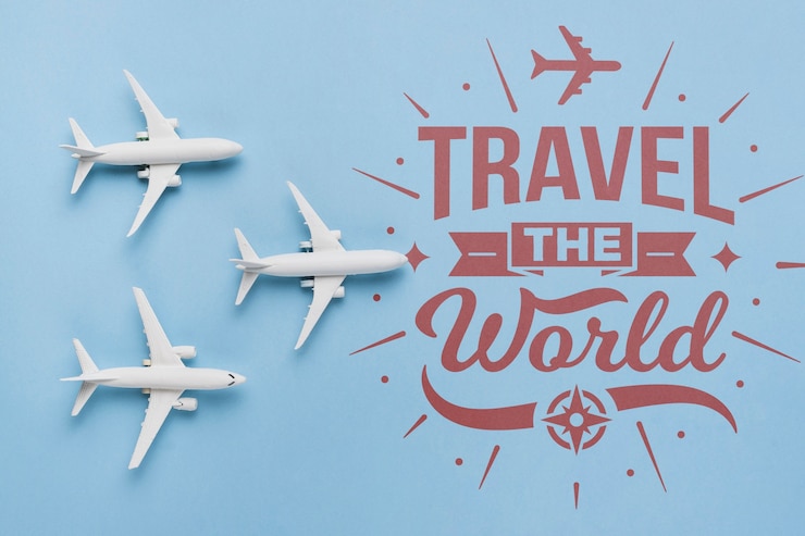 PSD travel the world, inspirational lettering quote with airplane toys