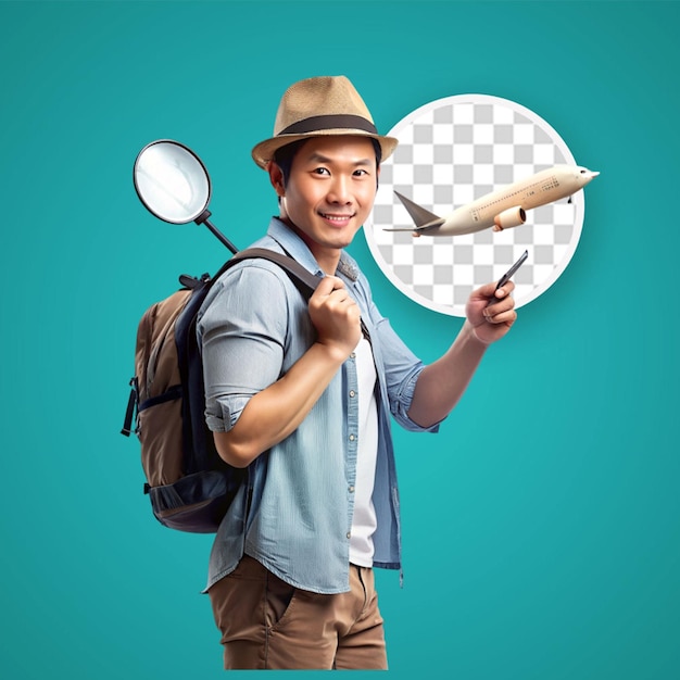 PSD traveler fun explorer tourist asian man in casual clothes hat with backpack hold magnifier loupe isolated