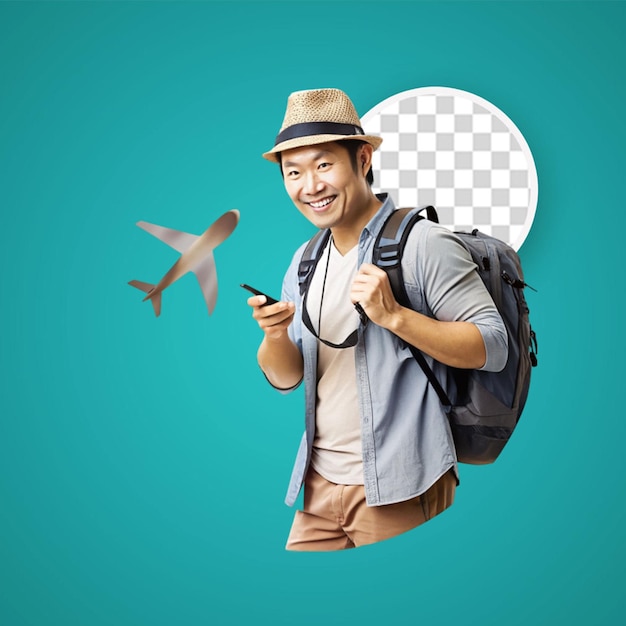 PSD viaggiatore, esploratore, turista, uomo asiatico in abiti casuali, cappello con zaino, ingranditore, lupa isolata.