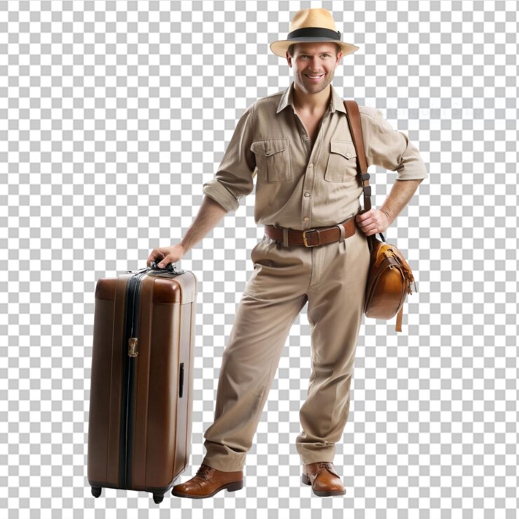 PSD a traveler tourist dressed as indiana jones stands on transparent background