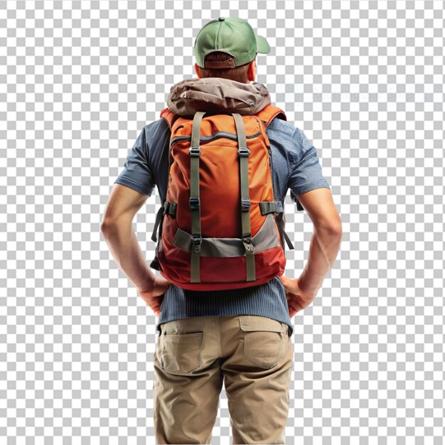 A traveler tourist dressed as indiana jones stands on transparent background