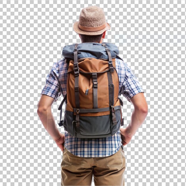 A traveler tourist dressed as indiana jones stands on transparent background