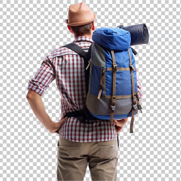 A traveler tourist dressed as indiana jones stands on transparent background