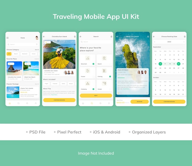 PSD kit per l'interfaccia utente dell'app mobile in viaggio