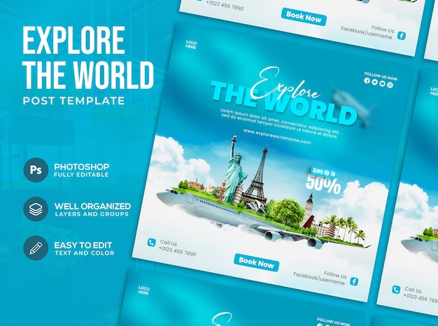 PSD 旅するソーシャルメディアの投稿テンプレート