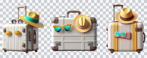 PSD traveling suitcase with hat and glasses on transparent background