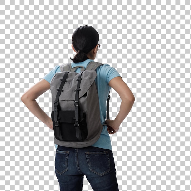 Travelling tourist with her backpack look searching direction on location map transparent background png Adventure and travel in the mountains region concept