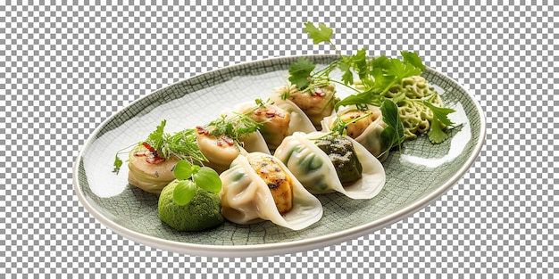 PSD tray of delicious loaded momos or dumplings isolated on transparent background