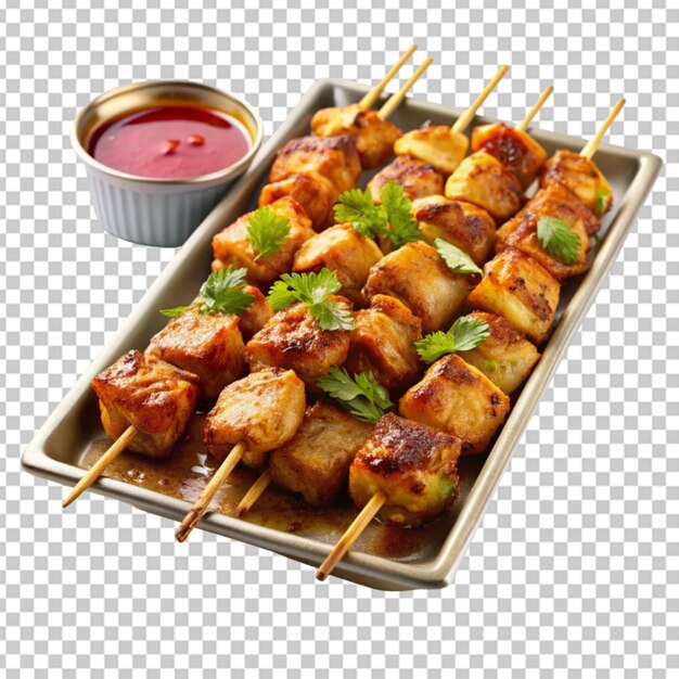 Tray of golden brown chicken kebabs