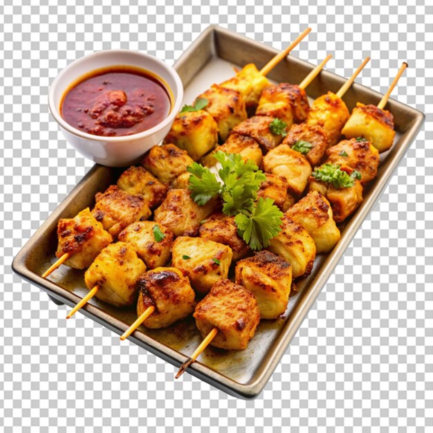 PSD tray of golden brown chicken kebabs