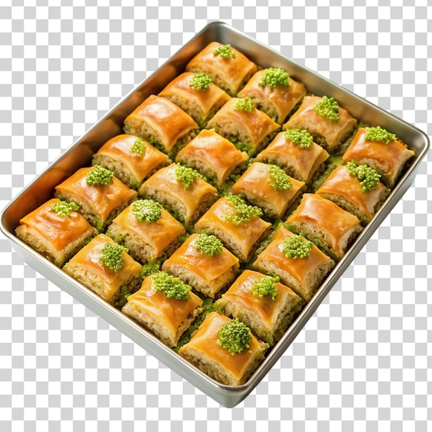 PSD tray of sweet and sticky baklava isolated on transparent background